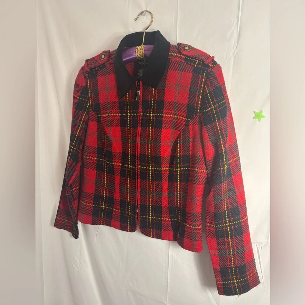VTG Red+Black Plaid Bomber Jacket Faux‎ Suede Collar Gold+Black Epaulet Size S/M